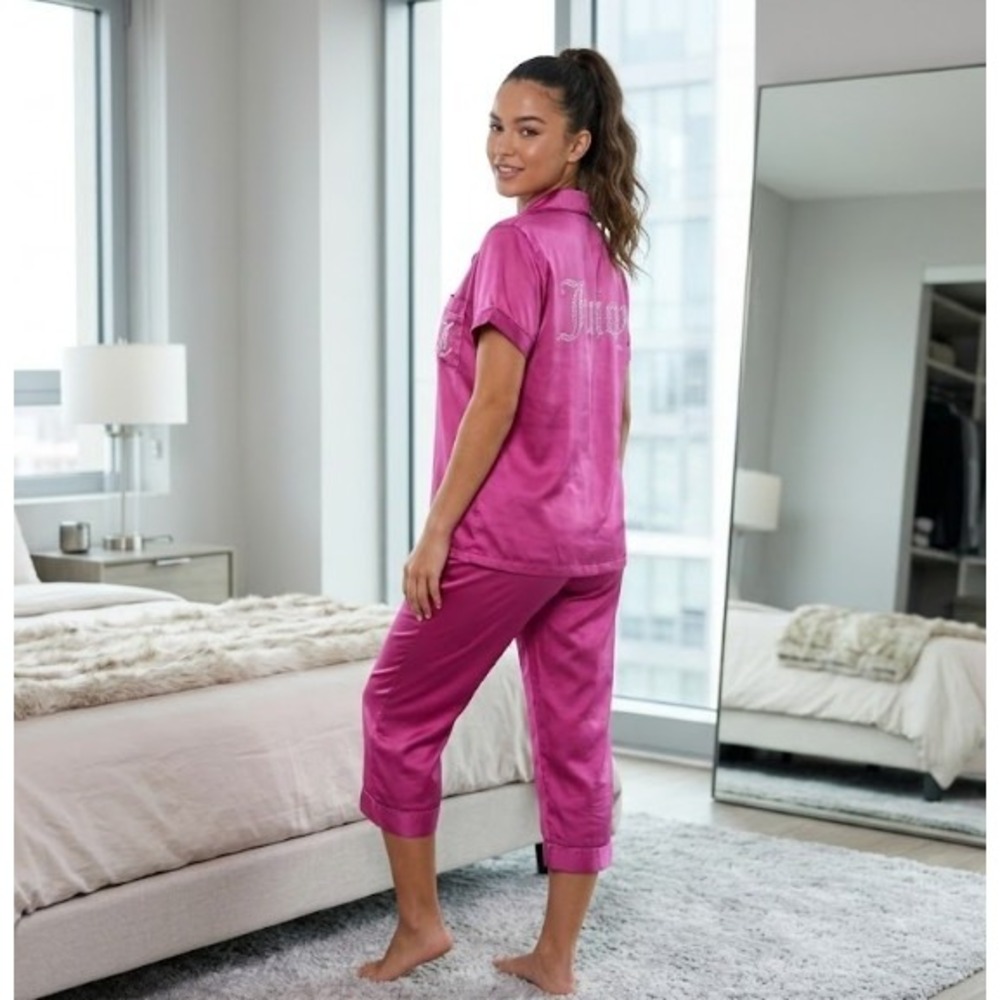 Vintage Juicy Couture Y2K Satin Rhinestone Logo Pajama Set Pink Lounge Pants